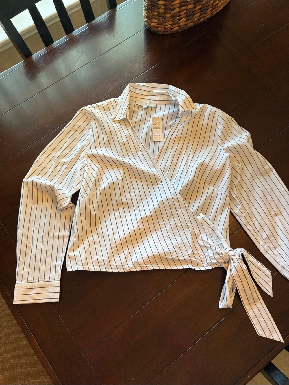 LOFT White and Navy Striped Wrap Button-Down Shirt